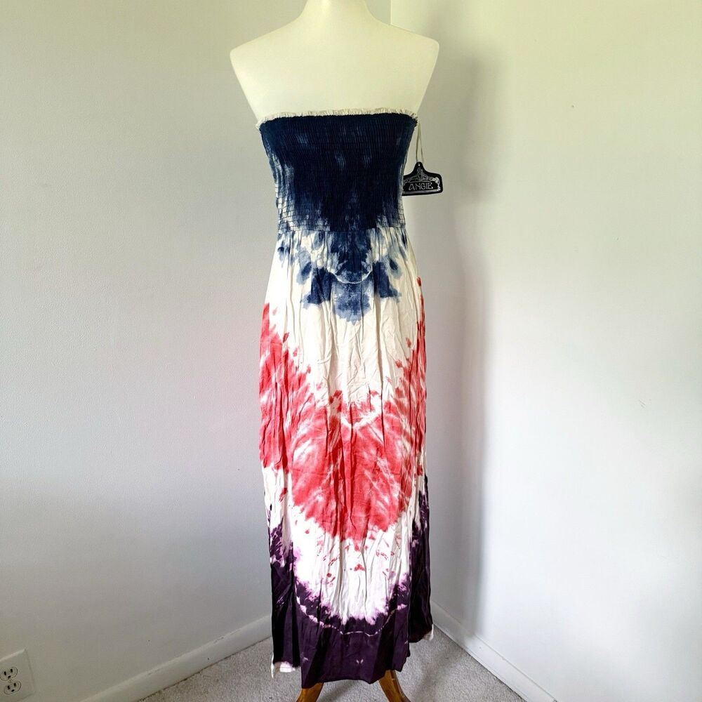 Vtg Deb Angie Tie Dye Multicolor Boho Strapless Maxi Dress Women L Rayon India